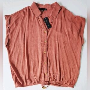 NWT Adrienne Vittadini buttondown blouse batwing Sleeves Drawstring Hem Sz L